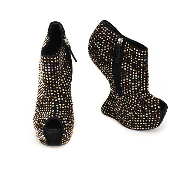 GIUSEPPE ZANOTTI: Black Leather & Crystals Booties - Picture 1 of 10